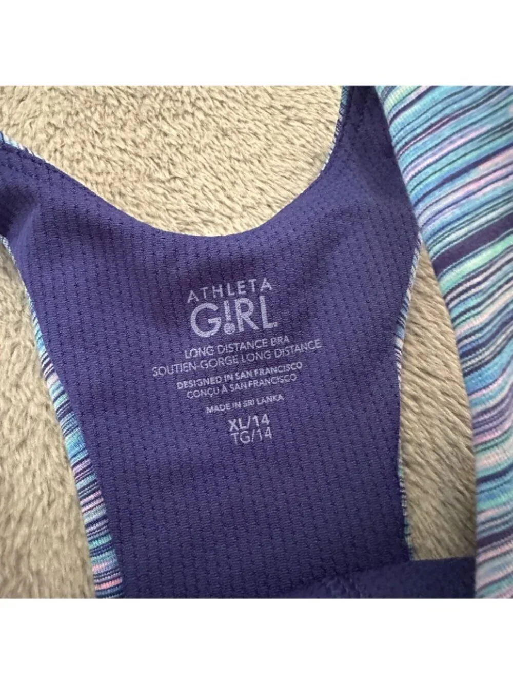 NWT Athleta Girl Long Distance Sports Bra Blue Youth Size XL 14 Athleisure